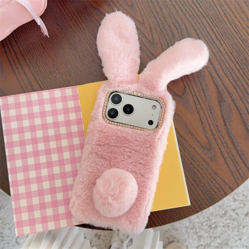 3D Cute Rabbit Ears Warm Furry Plush Bunny Phone Case For iPhone