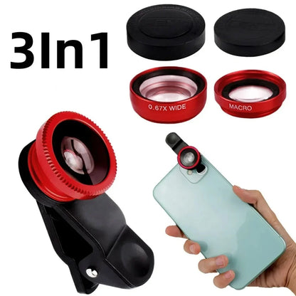 3In1 Mobile Phone Fish Eye Lens 0.67X Wide Angle Macro Lenses Camera Kits With Clip Universally Lens For iPhone 16 Xiaomi Huawei
