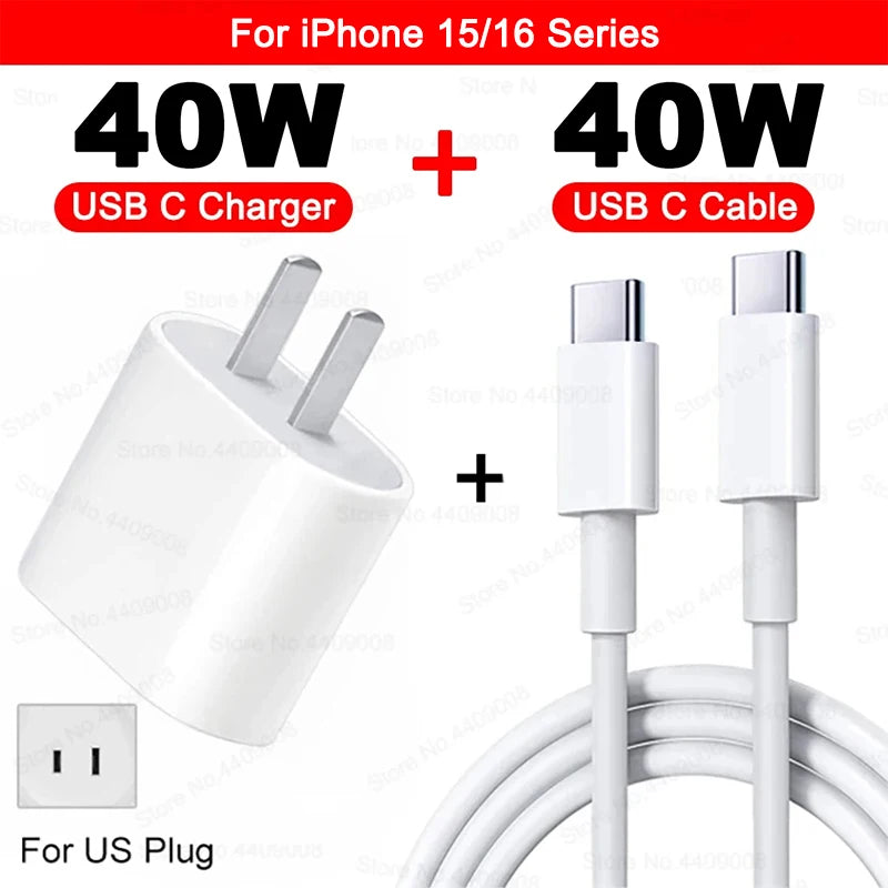 PD 40W Fast Charger For iPhone 11 12 13 14 15 16 Pro Max XR X XS 8 Plus USB C Charger Fast Charging Cable Plug Phone Accessories