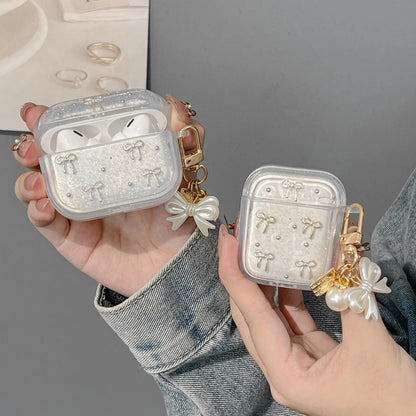 Fashion 3D Bowknot Glitter Earphone Case for AirPods Pro3/Pro2/Pro Shockproof Case for AirPods 4/3/2/1 with Pearl Bow Keychain