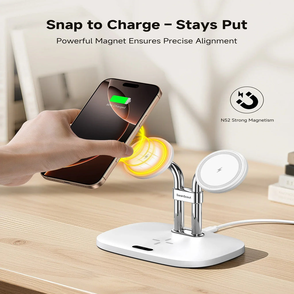 SwanScout 706M 3 In 1 Dual Magnetic Charging Station for iPhone 17 Pro Max 16 15 14 13 Wireless Charger for AirPods 4 3 Pro 3 2