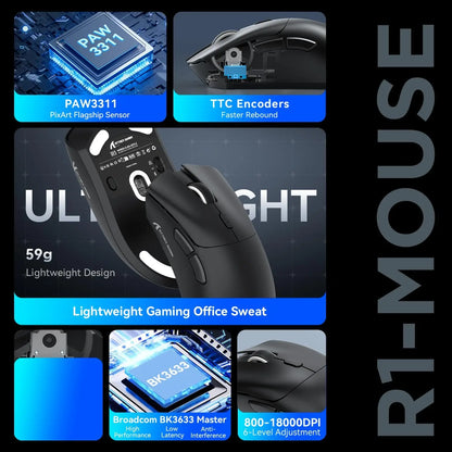 MAMBASNAKE x ATTACK SHARK R1 59g SUPERLIGHT Mouse, PixArt PAW3311 Gaming Sensor, BT/2.4G Wireless/Wired Gaming Mouse