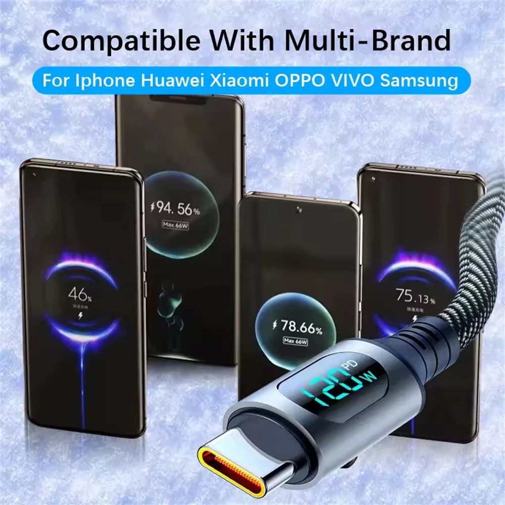 NNBILI 120W USB C to Type C With Digital Display Super Fast Charge USBA to Type C 6A Cable For Xiaomi Huawei Samsung S26 Oneplus