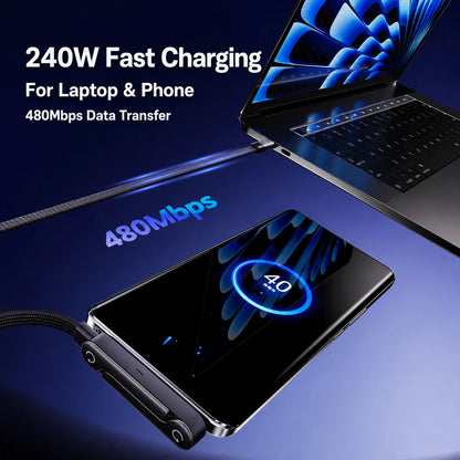 USB C to USB C Cable 240W Fast Charging Right Angle Type C Cable with Foldable Stand 1M 1.5M for iPhone 17 16 Samsung S25 S24
