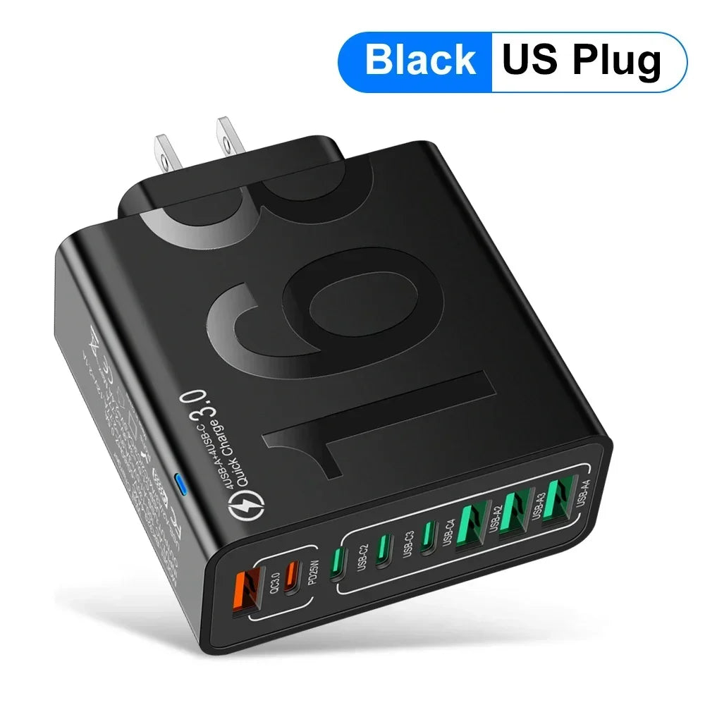 Total 150W 8 Ports USB C Charger Fast Charging PD  Mobile Phone Quick Charger 3.0 Wall Adapter For iPhone Samsung Xiaomi Huawei