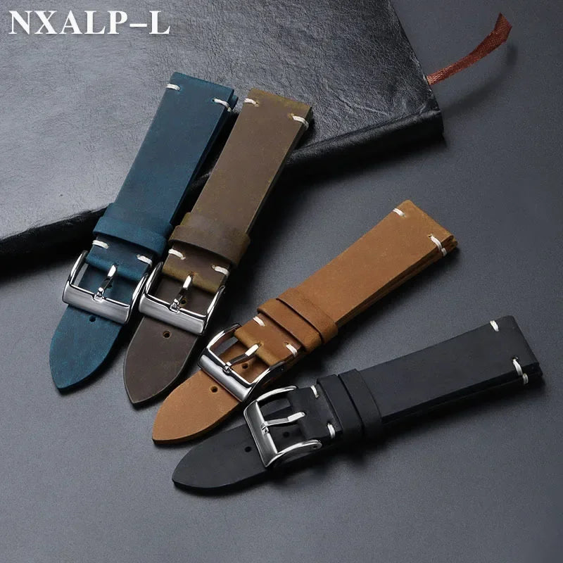 Vintage Oil Wax Leather Watch Band 18mm 20mm 21mm 22mm Handmade Stitching Cowhide Strap for Omega for Seiko Smartwatch Wristband
