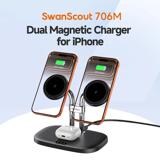 SwanScout 706M 3 In 1 Dual Magnetic Charging Station for iPhone 17 Pro Max 16 15 14 13 Wireless Charger for AirPods 4 3 Pro 3 2