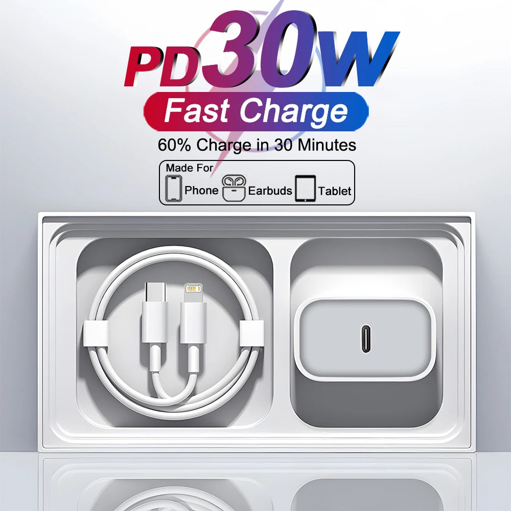 30W Type C PD Cable Fast Charger For iPhone 16 15 14 13 12 11 17 Pro Max Air iPad Travel Adapter USB C Phone Charger Accessories