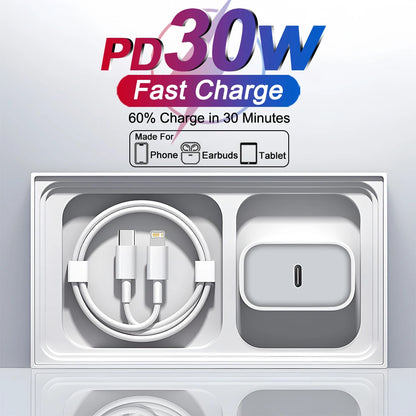 30W Type C PD Cable Fast Charger For iPhone 16 15 14 13 12 11 17 Pro Max Air iPad Travel Adapter USB C Phone Charger Accessories