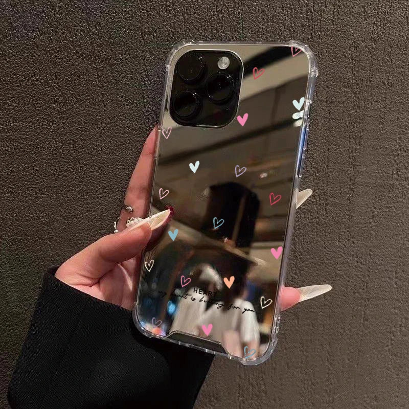 Cute Love Heart Mirror Phone Case For iPhone 11 12 13 14 15 16 Pro Max XS X XR 7 8 Plus SE Make Up Mirror Shockproof Soft Cover
