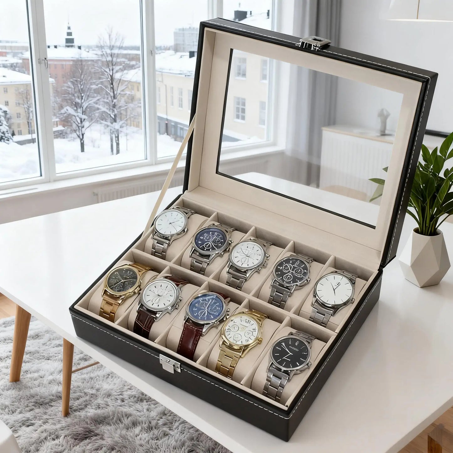 10-Slot Luxury Black Mechanical Watch Display Case with Lockable Plush-Lined Wood Box,Watch Collector's Storage Box