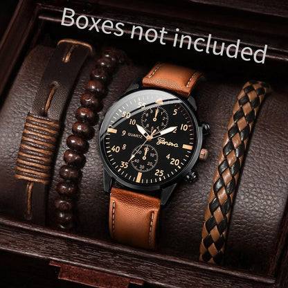 4PCS/Set Men's Business Watches Fashion Arabic Dial Leather Band Quartz Watches Vintage Bracelets Set（Without Box）