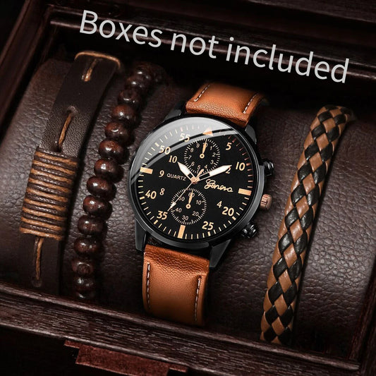 4PCS/Set Men's Business Watches Fashion Arabic Dial Leather Band Quartz Watches Vintage Bracelets Set（Without Box）