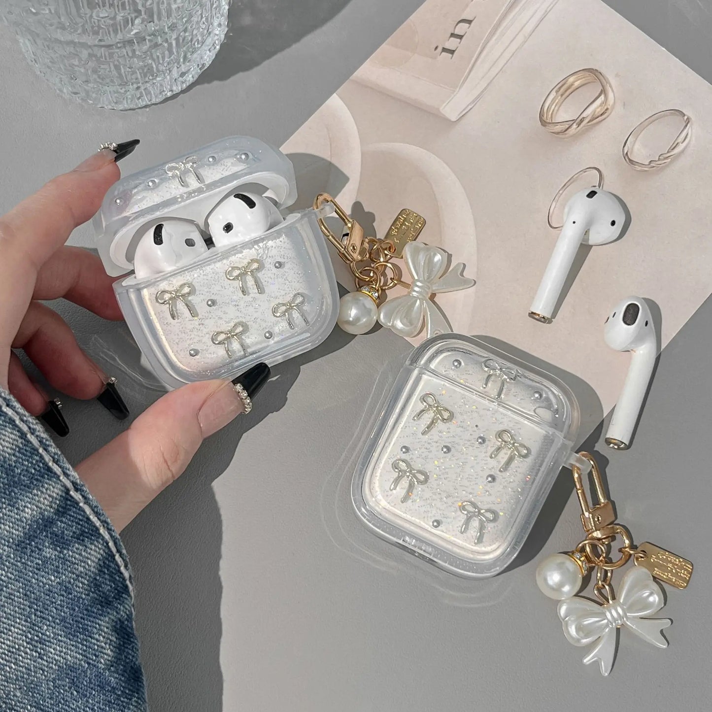 Fashion 3D Bowknot Glitter Earphone Case for AirPods Pro3/Pro2/Pro Shockproof Case for AirPods 4/3/2/1 with Pearl Bow Keychain