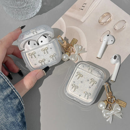 Fashion 3D Bowknot Glitter Earphone Case for AirPods Pro3/Pro2/Pro Shockproof Case for AirPods 4/3/2/1 with Pearl Bow Keychain