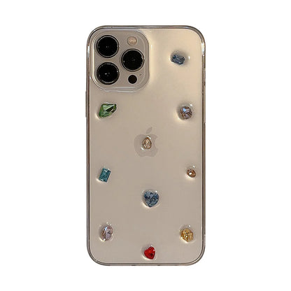 3D Cartoon Cute Color Gemstones Rhinestones Phone Case For iPhone 17 16 15 14 17 13 12 11 Pro Max Bling Glitter Clear Back Cover