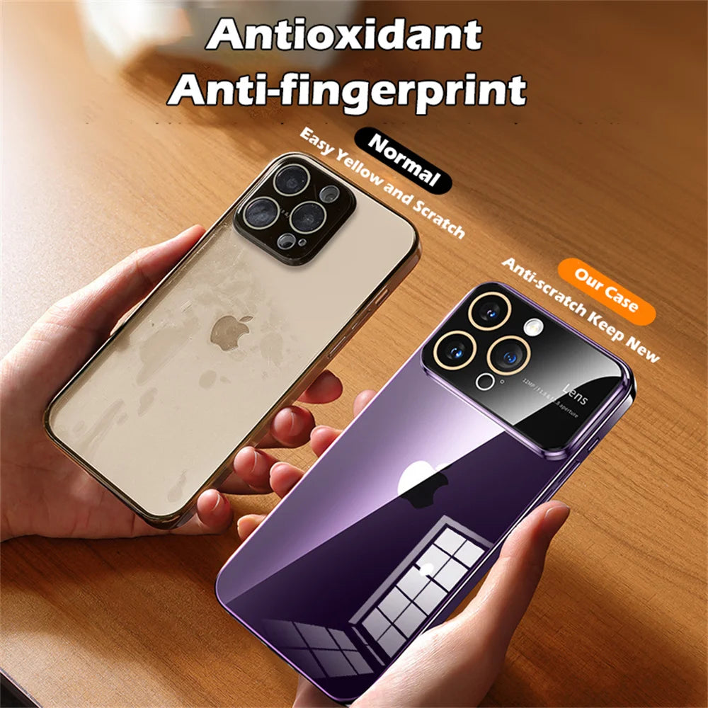 Luxury Original Plating Clear Phone Case For iPhone 15 13 12 14 Pro Max Large Window Full Lens Protection Shockproof Cover Funda