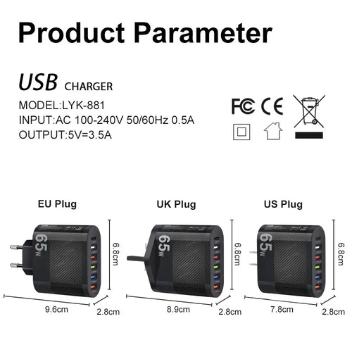 3.1A 5 Ports USB Charger PD Fast Charging Adapter For iPhone Xiaomi Samsung Mobile Phone EU/US/UK Plug Charge QC3.0 Wall Charger