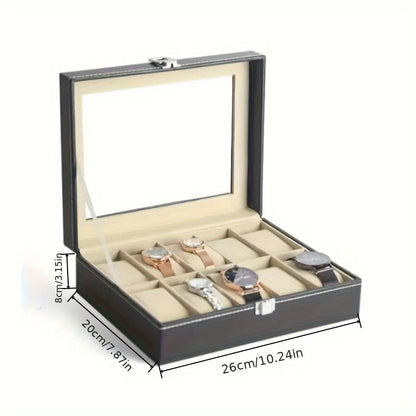 10-Slot Luxury Black Mechanical Watch Display Case with Lockable Plush-Lined Wood Box,Watch Collector's Storage Box