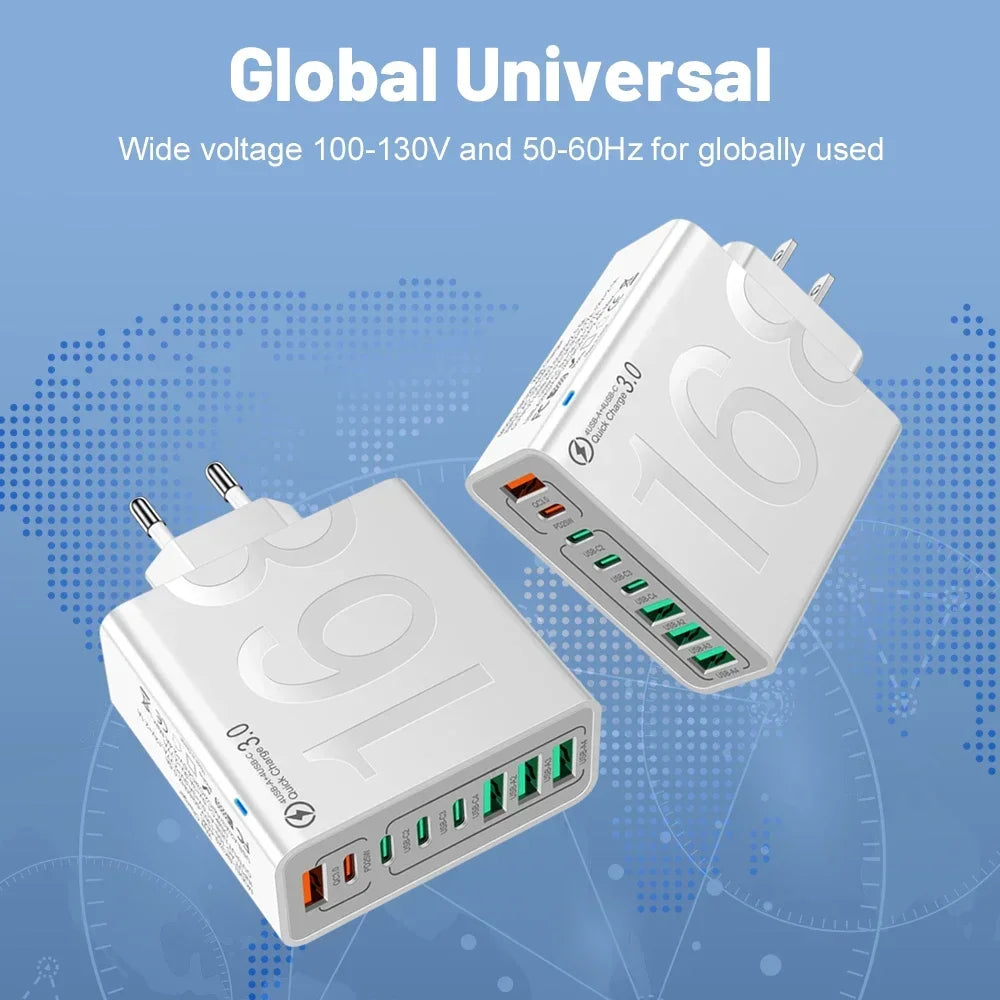 Total 150W 8 Ports USB C Charger Fast Charging PD  Mobile Phone Quick Charger 3.0 Wall Adapter For iPhone Samsung Xiaomi Huawei