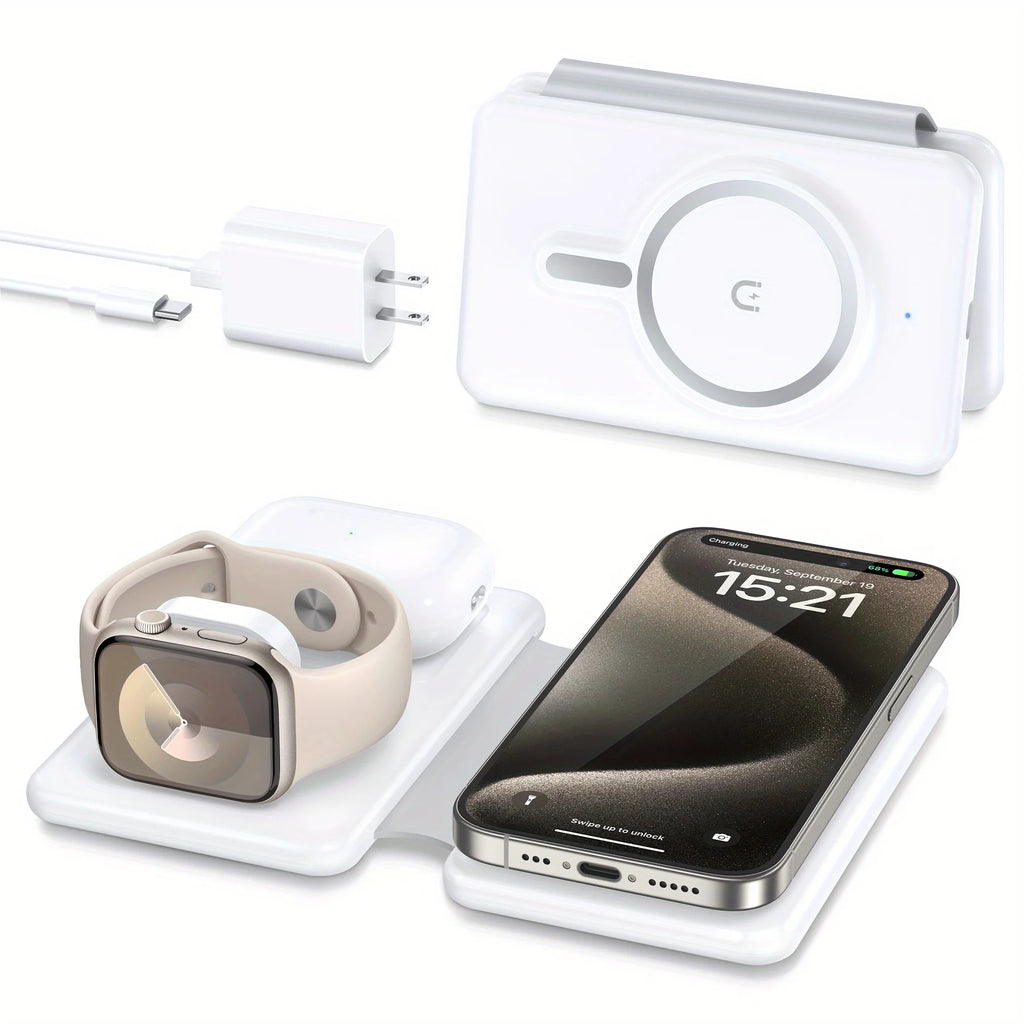 Cell Phone Wireless Charger - 3-in-1 Travel Charging Station for Multiple Devices, Portable Foldable Magnetic Charging Pad