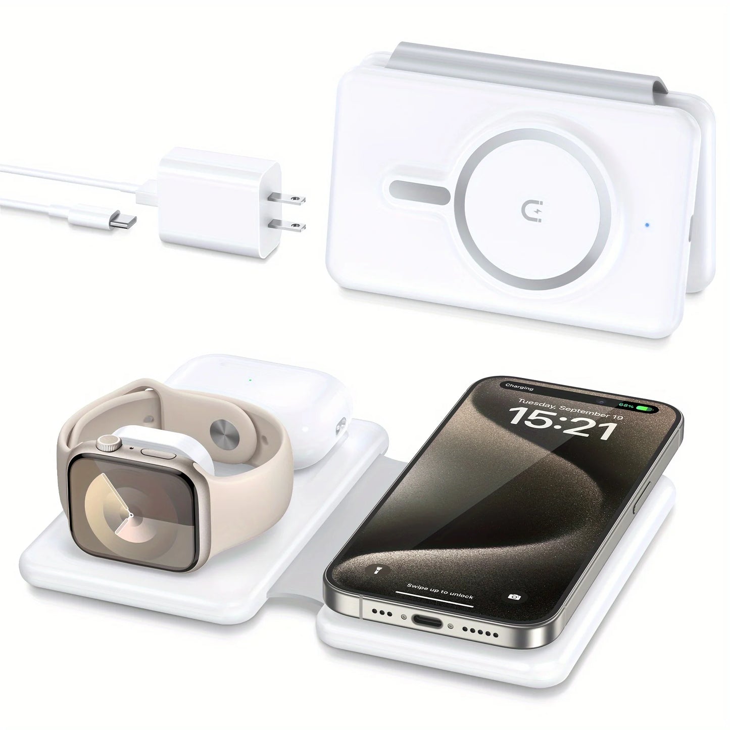 Cell Phone Wireless Charger - 3-in-1 Travel Charging Station for Multiple Devices, Portable Foldable Magnetic Charging Pad