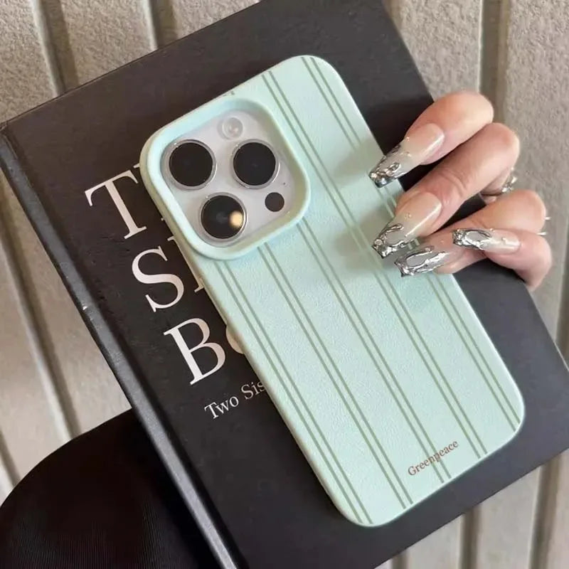The Green Stripe Lichee Pattern Phone Case For iPhone 16 15 14 13 12 11 Pro Max 16 15 14 Plus Shockproof Silicone Phone Cover