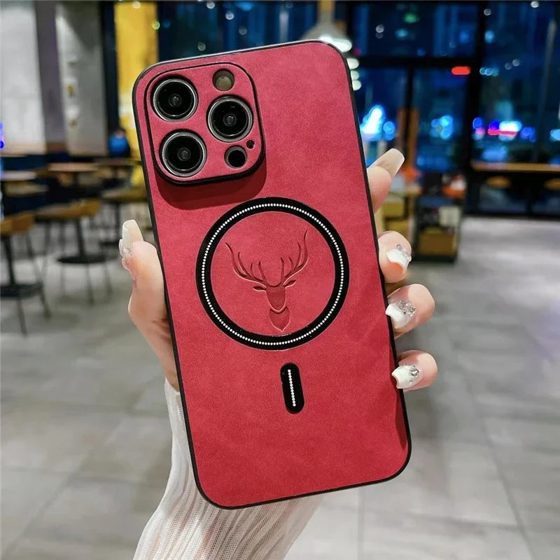 Magnetic For Wireless Charge Phone Case For iPhone 16 15 14 13 12 11 Pro Max Deer Head Leather Magnetic Soft Shockproof Cover