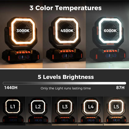 40000mAh Camping Fan Rechargeable Desktop Portable Air Circulator Wireless Ceiling Electric Fan with Power Bank LED Lighting