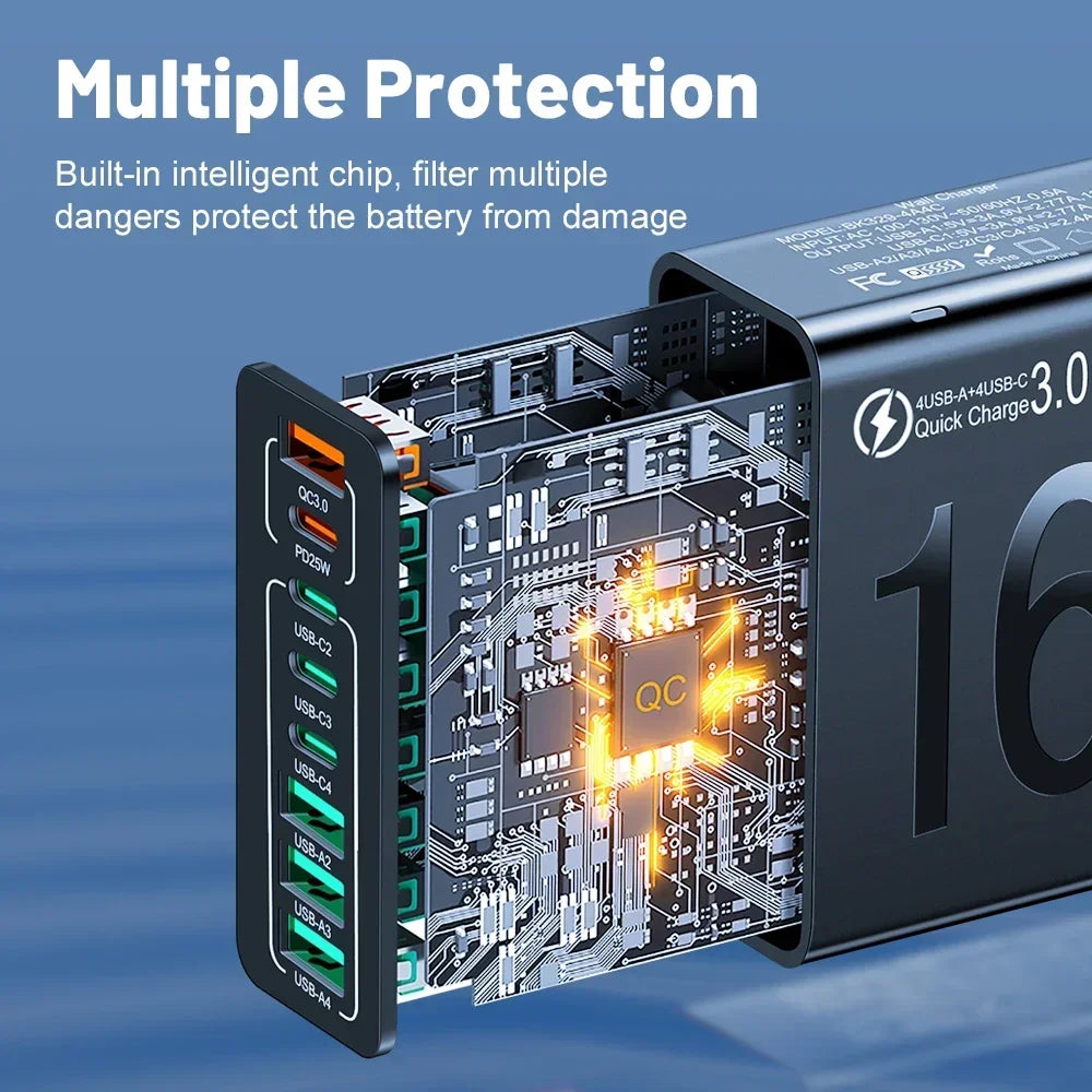 Total 150W 8 Ports USB C Charger Fast Charging PD  Mobile Phone Quick Charger 3.0 Wall Adapter For iPhone Samsung Xiaomi Huawei