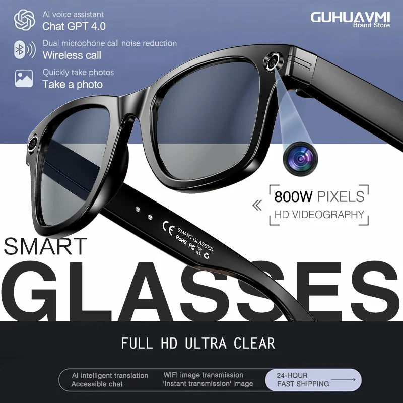 New 8 Million Pixels Camera Smart Glasses Recording Videos AI Photo Recognition Answer Translation Waterproof Blue light Glasses