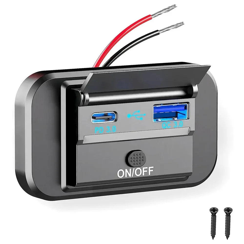 4 Ports Dual PD Dual QC 3.0 USB Car Charger with Switch 96W Quick Charging Socket USB Power for 12V/24V Car Boat Bus RV Truck