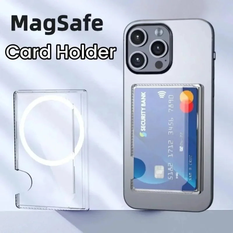 2026 Transparent PC Magnetic Phone Case Back Adhesive Card Holder Storage Box Strong Magnet Card Sleeve for iPhone 17~12 Samsung