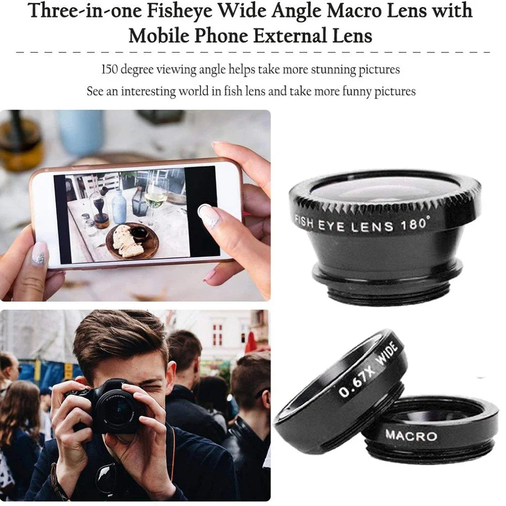 3In1 Mobile Phone Fish Eye Lens 0.67X Wide Angle Macro Lenses Camera Kits With Clip Universally Lens For iPhone 16 Xiaomi Huawei