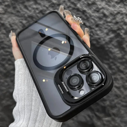 Luxury Magnetic Shockproof Phone Case For iPhone 15 14 13 12 11 16 Pro Max 16 Plus 16E Funda Stand Glass Lens Protection Cover
