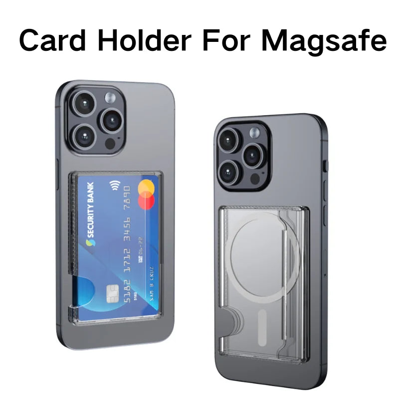 2026 Transparent PC Magnetic Phone Case Back Adhesive Card Holder Storage Box Strong Magnet Card Sleeve for iPhone 17~12 Samsung