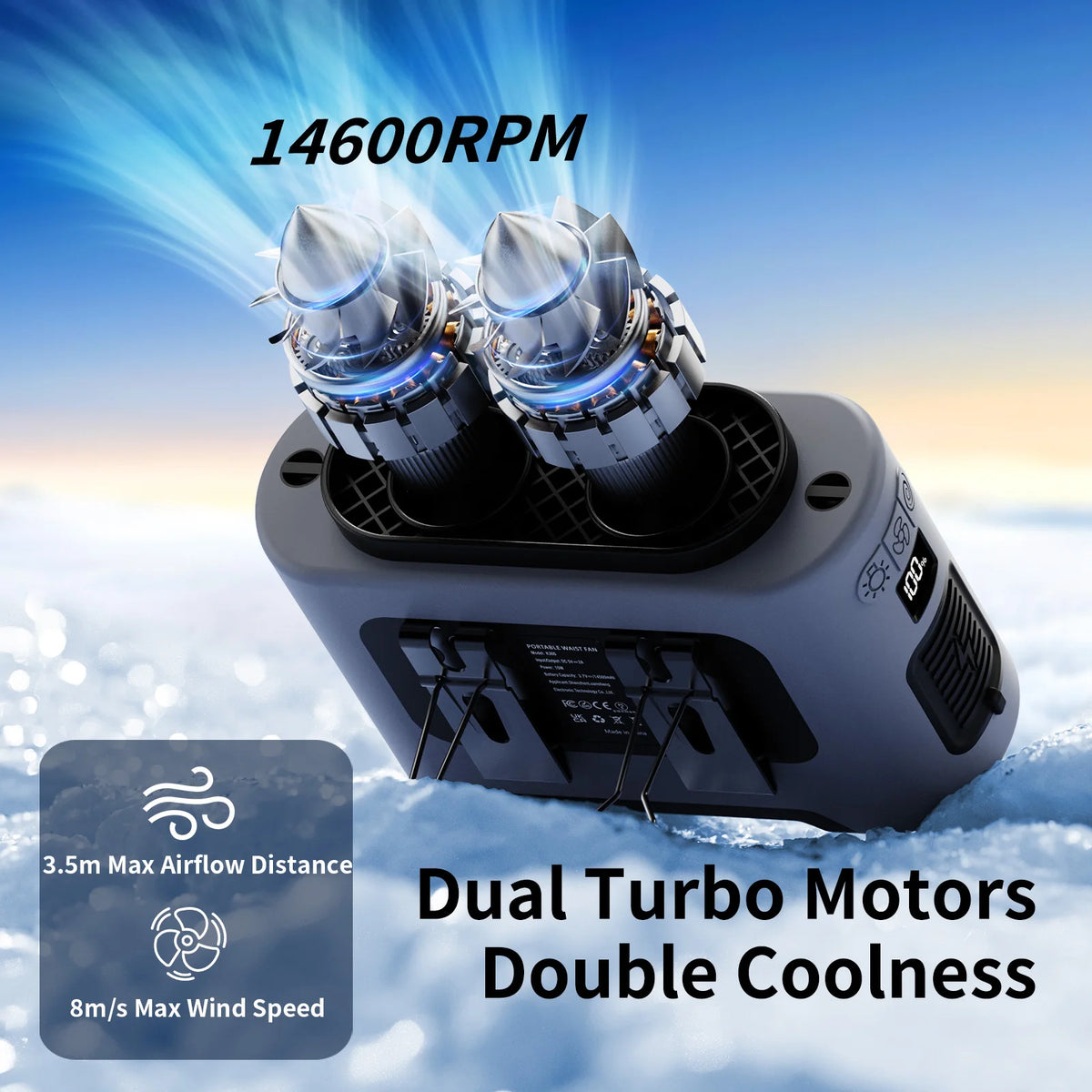 Socool 14500mAh Portable Waist Fan Dual Airflow Outlet Turbo Motors with Four Clips Emergency Flashlight Power Bank for Outdoor