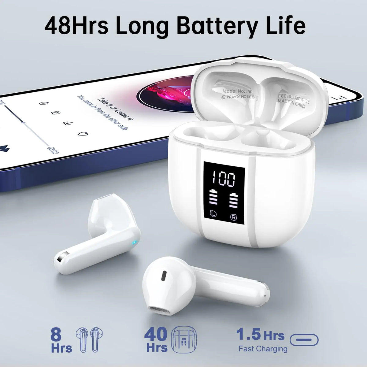 Wireless Earbuds, Bluetooth 5.3 Headphones In Ear with 4 ENC Mics, 48H Playtime LED Display Wireless Earphones.