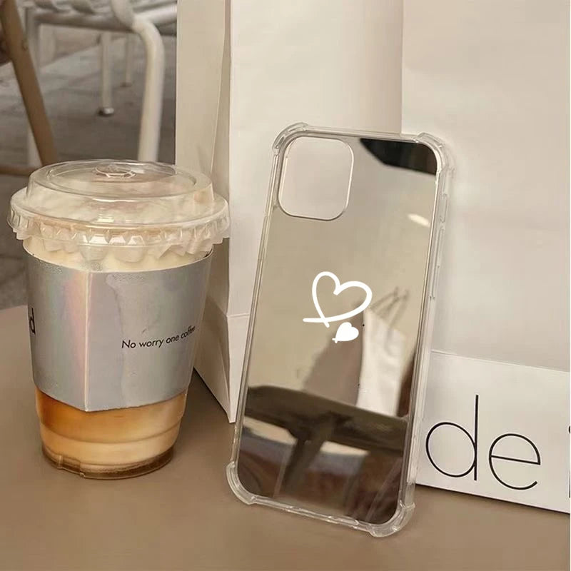 Cute Love Heart Mirror Phone Case For iPhone 11 12 13 14 15 16 Pro Max XS X XR 7 8 Plus SE Make Up Mirror Shockproof Soft Cover