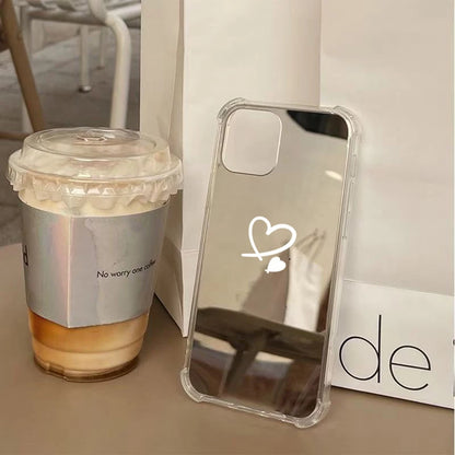 Cute Love Heart Mirror Phone Case For iPhone 11 12 13 14 15 16 Pro Max XS X XR 7 8 Plus SE Make Up Mirror Shockproof Soft Cover