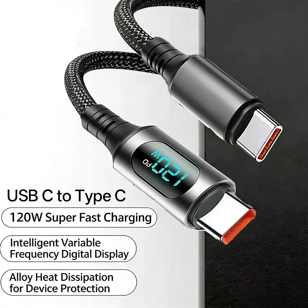 NNBILI 120W USB C to Type C With Digital Display Super Fast Charge USBA to Type C 6A Cable For Xiaomi Huawei Samsung S26 Oneplus