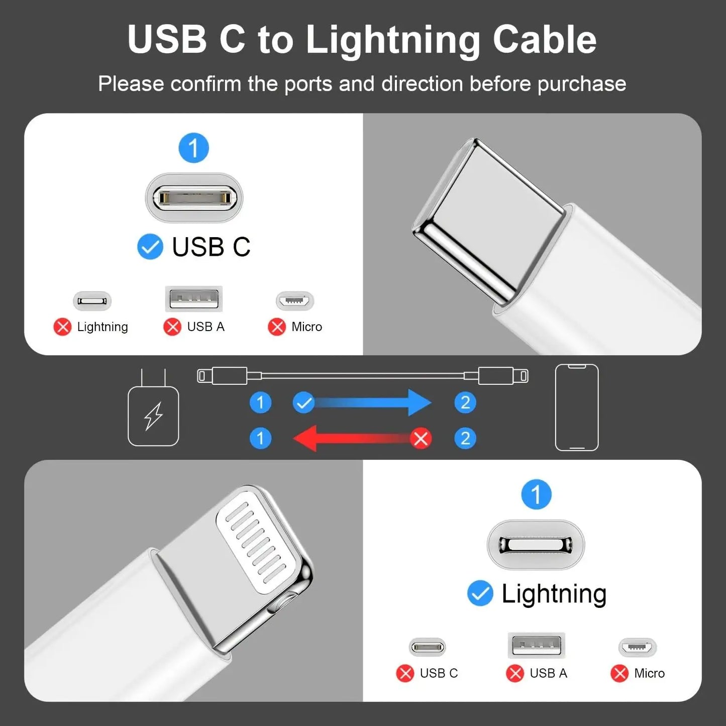 LAIHONEN 3.3/6.6/10FT USB-C to Lightning Cable, CarPlay Fast Charge For iPhone14-6 Plus Pro Max XR XS X SE