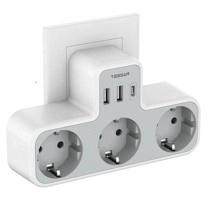 TESSAN EU Plug Power Strip with 3 AC Outlets +2 USB Ports+ 1 Type C, 6-in-1 Plug Socket Adapter Wall Charger for Home Office