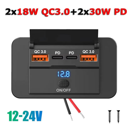 4 Ports Dual PD Dual QC 3.0 USB Car Charger with Switch 96W Quick Charging Socket USB Power for 12V/24V Car Boat Bus RV Truck
