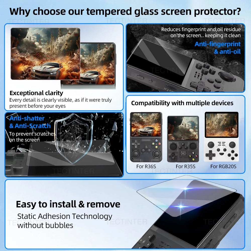 Screen Protector+Portable Carrying Case for R36S Handheld Console Storage Bag & Anti-Scratch Tempered Glass for R36S Accessories