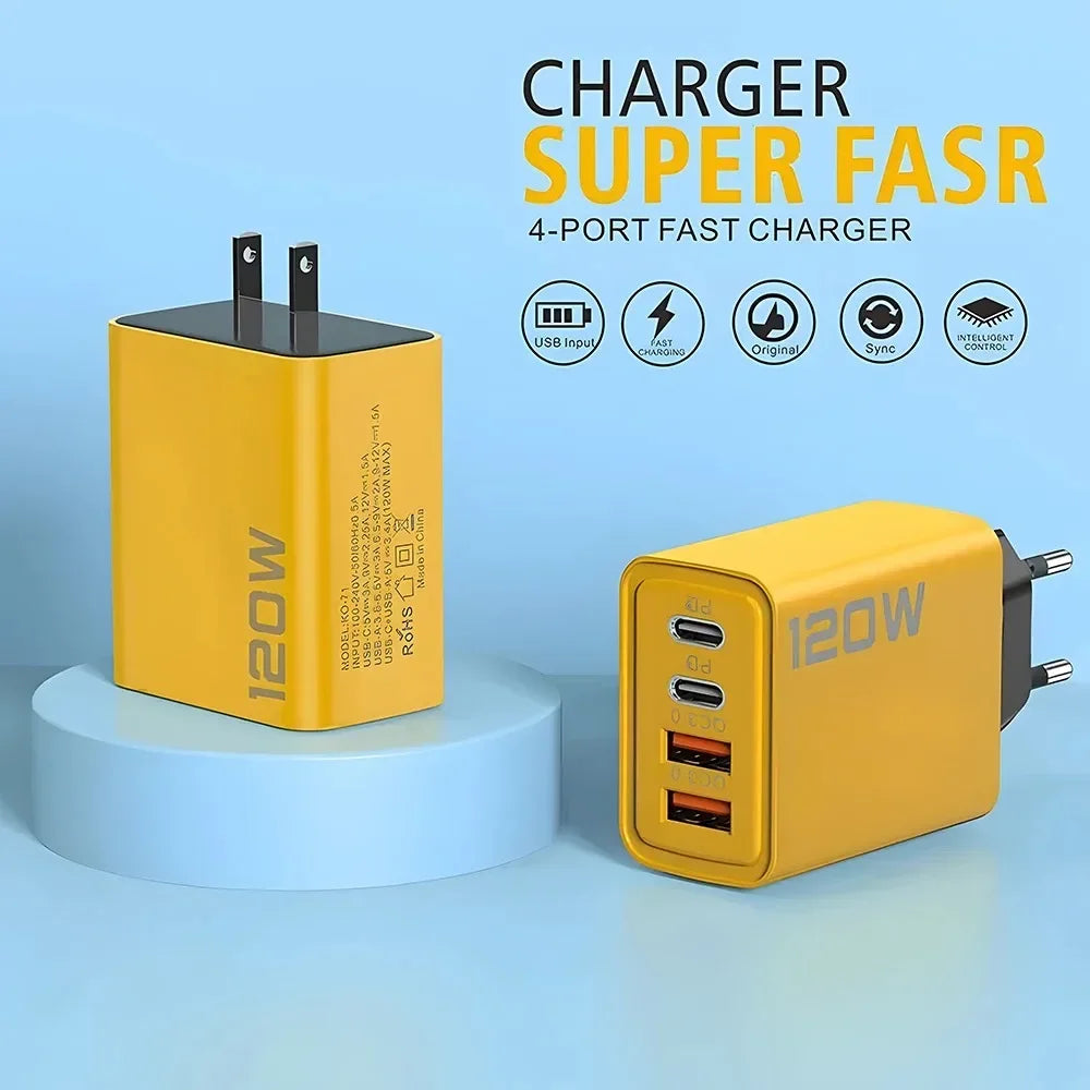 120W Total Fast Charging Quick Charger PD USB Type-C Wall Adapter for iPhone 16/15/14 Xiaomi Huawei Redmi Oneplus Phone Charger