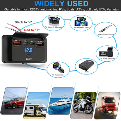 4 Ports Dual PD Dual QC 3.0 USB Car Charger with Switch 96W Quick Charging Socket USB Power for 12V/24V Car Boat Bus RV Truck