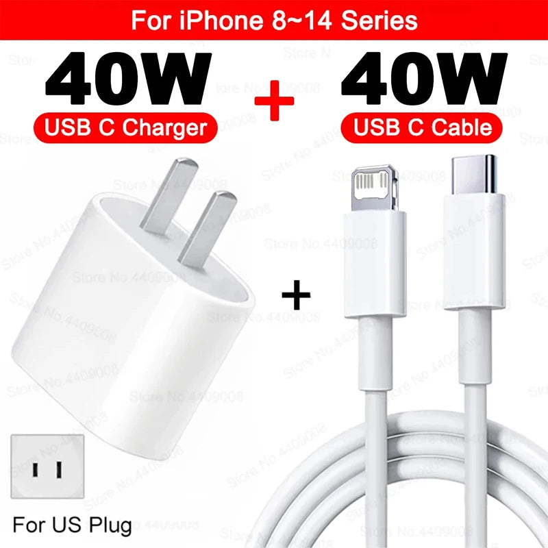 US EU Adapter PD 40W Fast Charger For Apple iPhone 15 13 12 11 14 17 16 Pro Max Type C Charger Charging Cable Phone Accessories