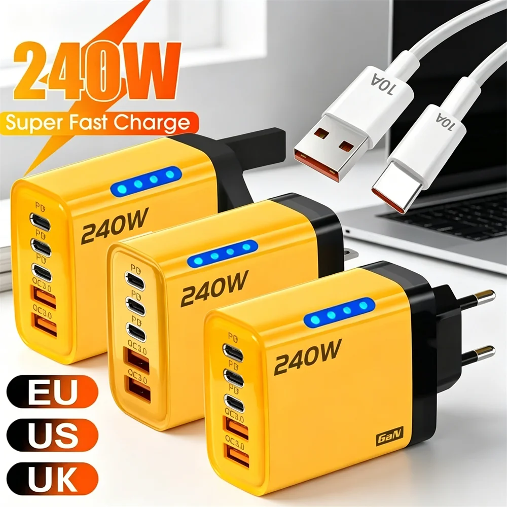 Type C USB 240W Fast Charging Charger GaN USB C Phone Charger Wall Adapter Quick Charge 3.0 With PD Cable For iPhone 17 Samsung