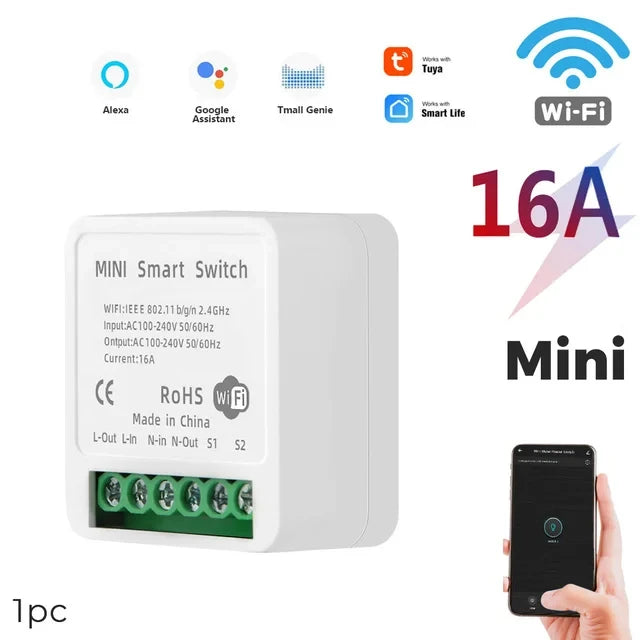 1pc 16A Mini Wifi DIY Light Switches Module 2-way Control Work With Tuya Smart Life Alexa Alice Google Home